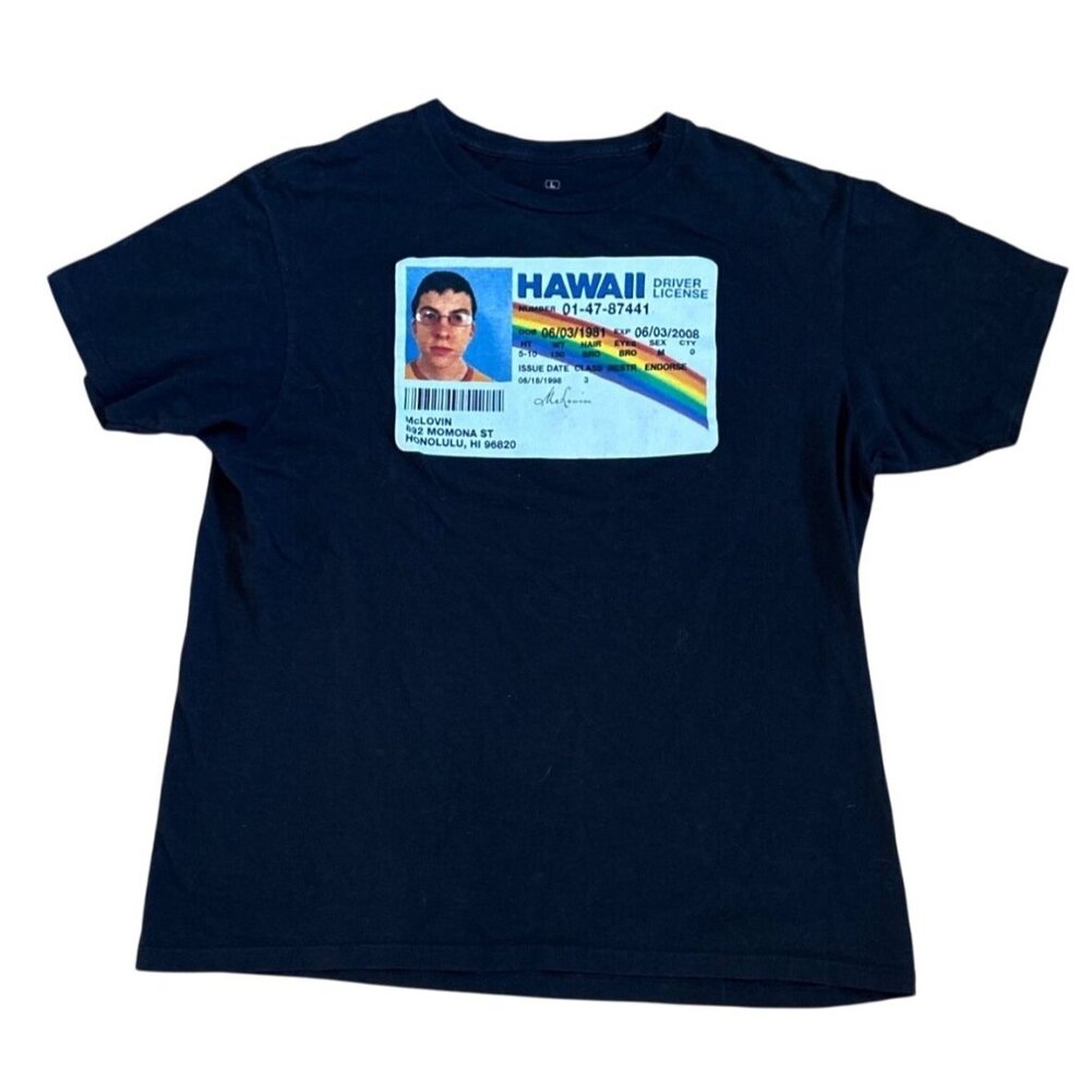 Superbad McLovin Hawaii Driver License T-Shirt L Ripple Junction 100% Cotton Blk